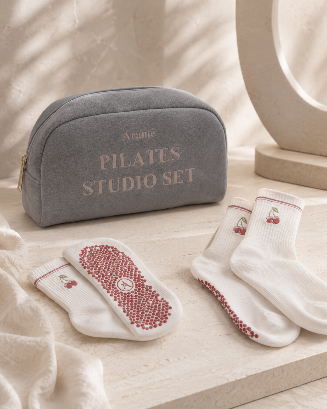 Aramé ribbed Pilates grip socks with cherry logo and anti-slip soles